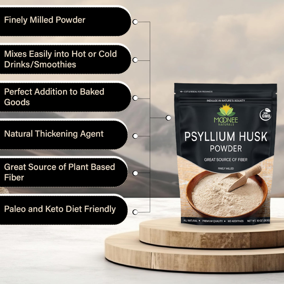 Moonee Naturals مسحوق قشر السيليوم - 10 أوقية، خالٍ من الغلوتين، كيتو