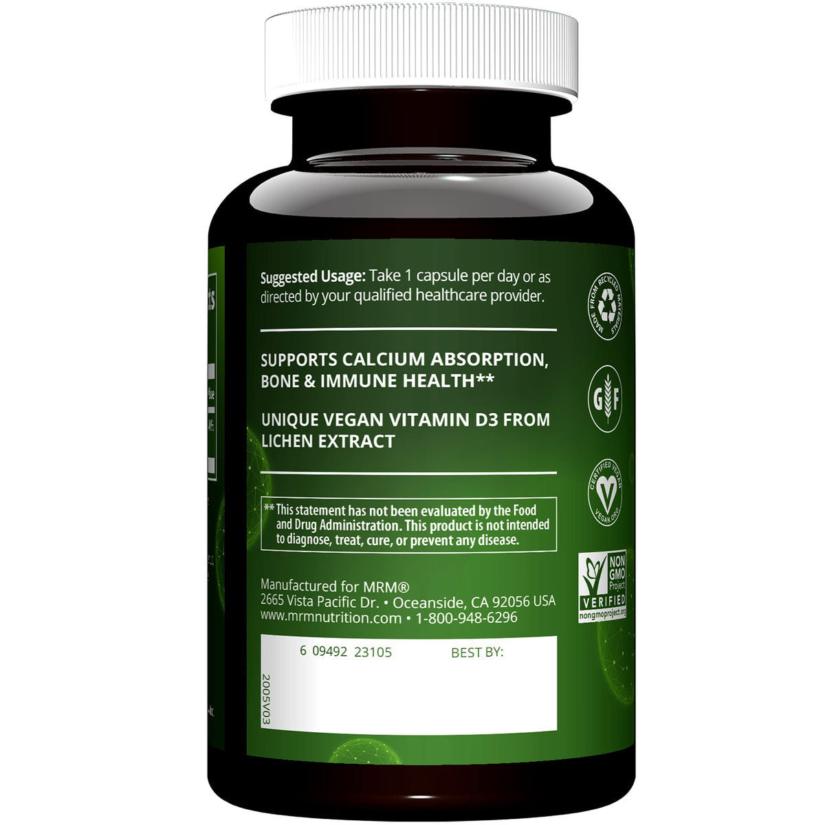 MRM Nutrition فيتامين D3 نباتي 2500 وحدة دولية - لصحة العظام ودعم المناعة | مستخلص من الأشنات | 60 حصة