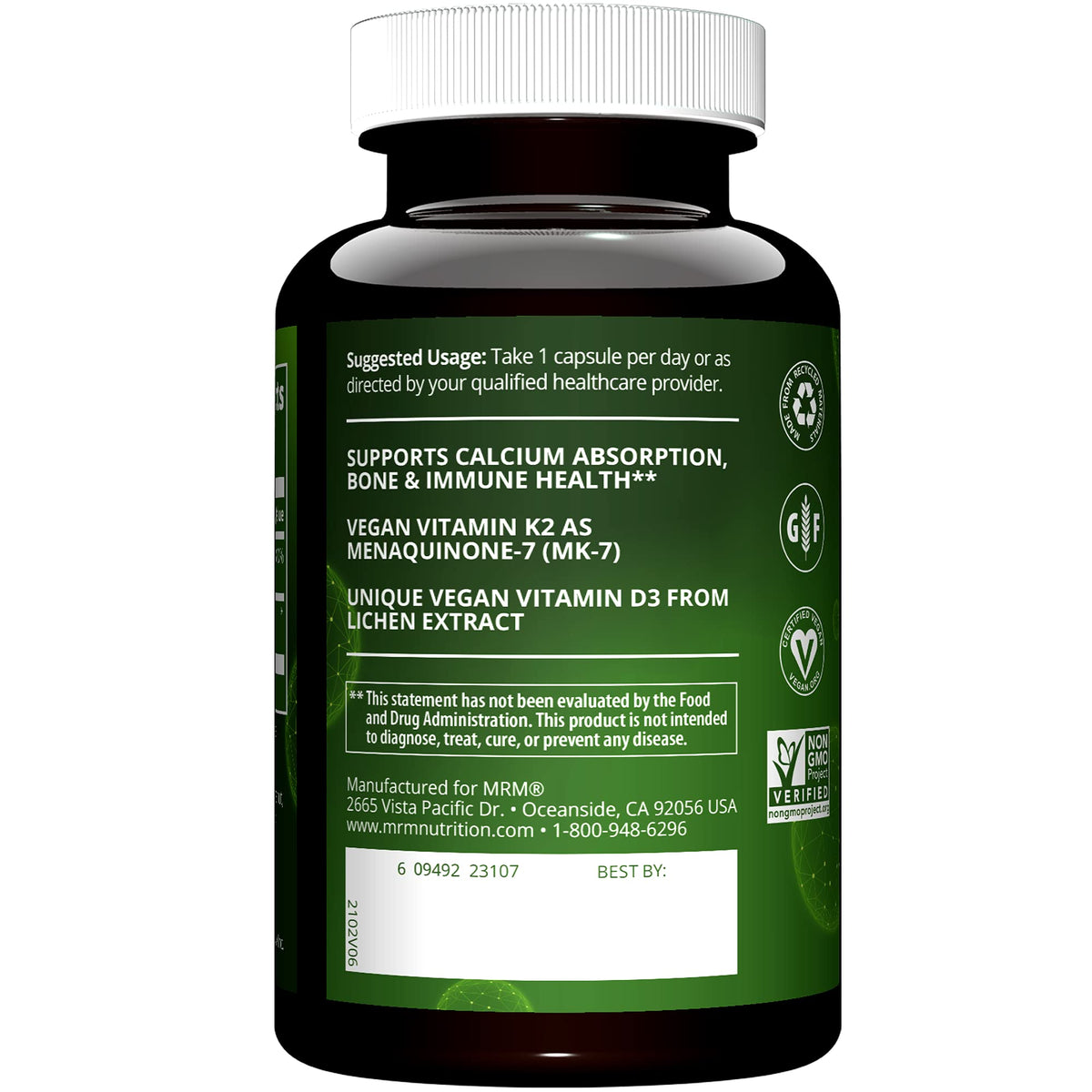 MRM Nuturition Vegan Vitamin D3 & K2 | Bone + Immune Health | Made from lichens | Supports Calcium Absorption | Vegan + Vegetarian Friendly | 60 Servings
