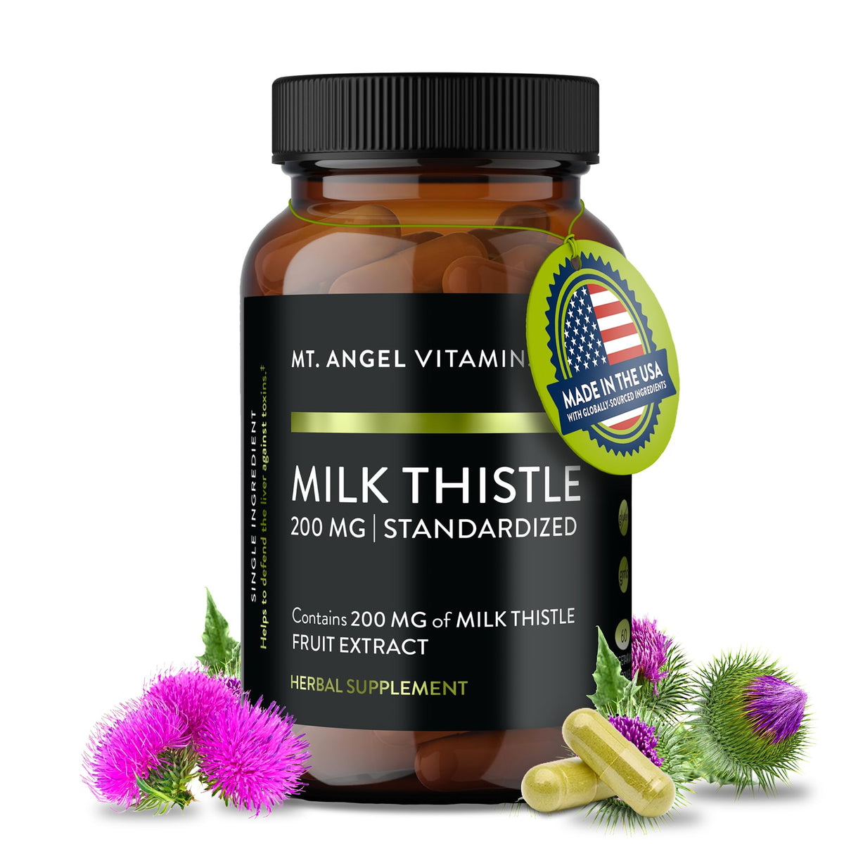 شوكة الحليب من Mt. Angel Vitamins - مكمل دعم الكبد النباتي - صحة الكبد المثلى وإزالة السموم العشبية - خالٍ من الكائنات المعدلة وراثيًا والغلوتين - صنع في الولايات المتحدة الأمريكية - 60 كبسولة