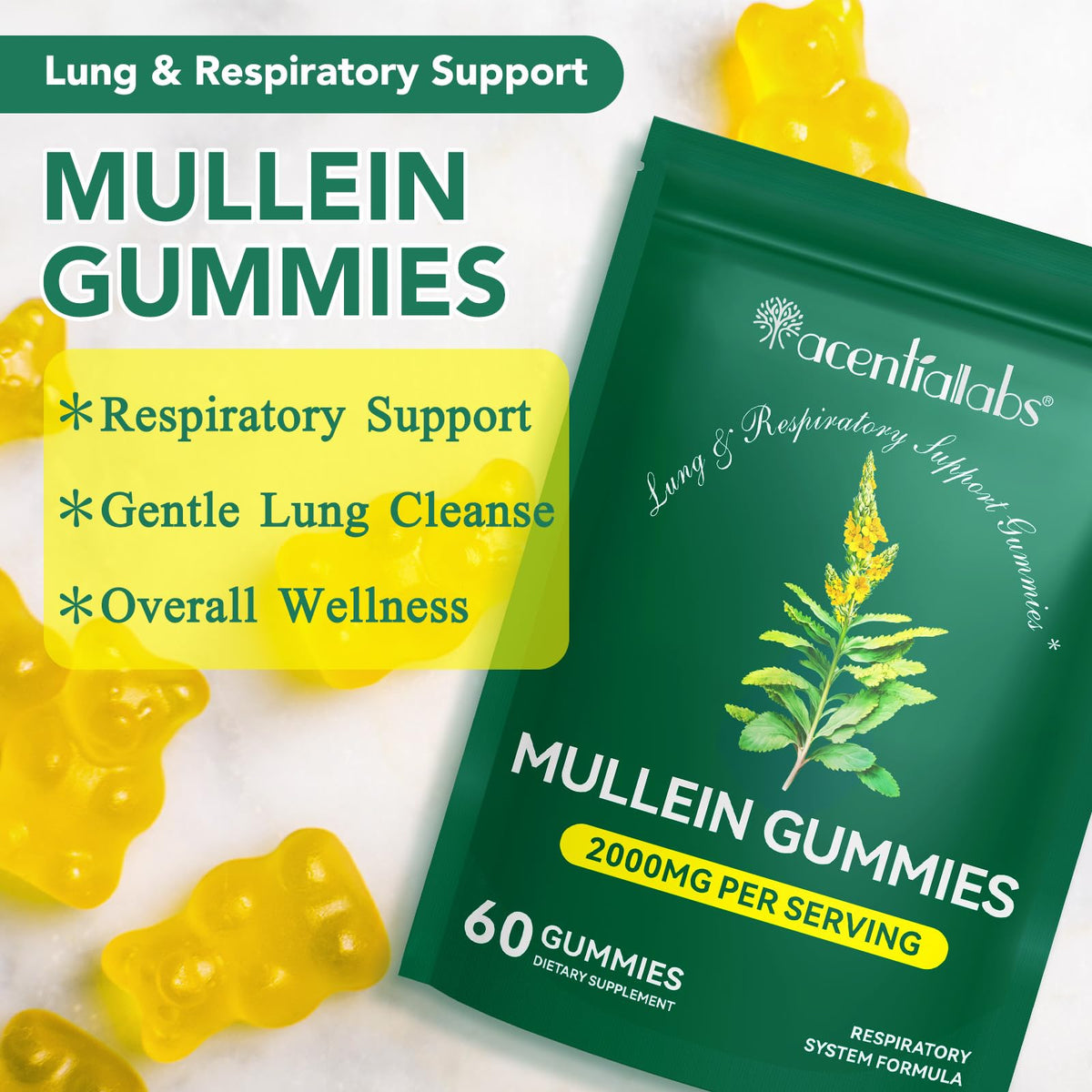 Mullein Gummies for Lungs | 2000mg Mullein Leaf Extract | Lung Support & Immune Health | 60 pcs