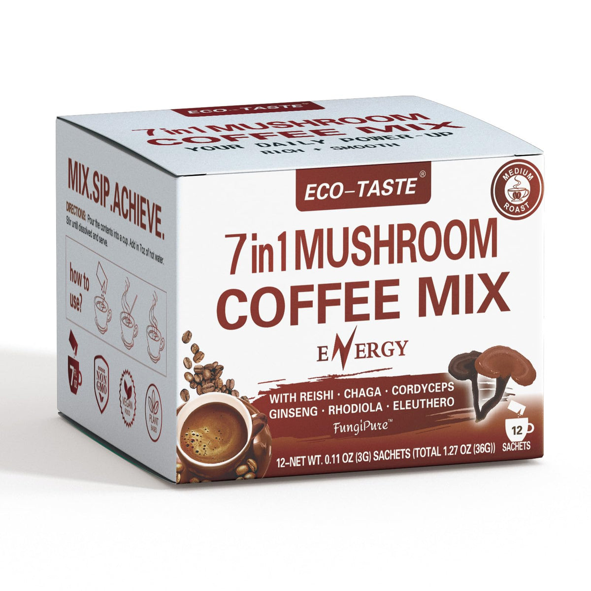 Mushroom Coffee Mix 7 in 1 for Energy β Reishi, Cordyceps, Chaga, Rhodiola, Ginseng, Eleuthero (12 Sachets)