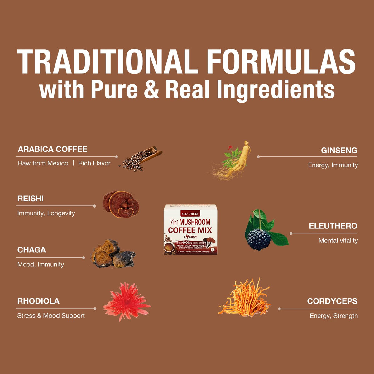 Mushroom Coffee Mix 7 in 1 for Energy β Reishi, Cordyceps, Chaga, Rhodiola, Ginseng, Eleuthero (12 Sachets)