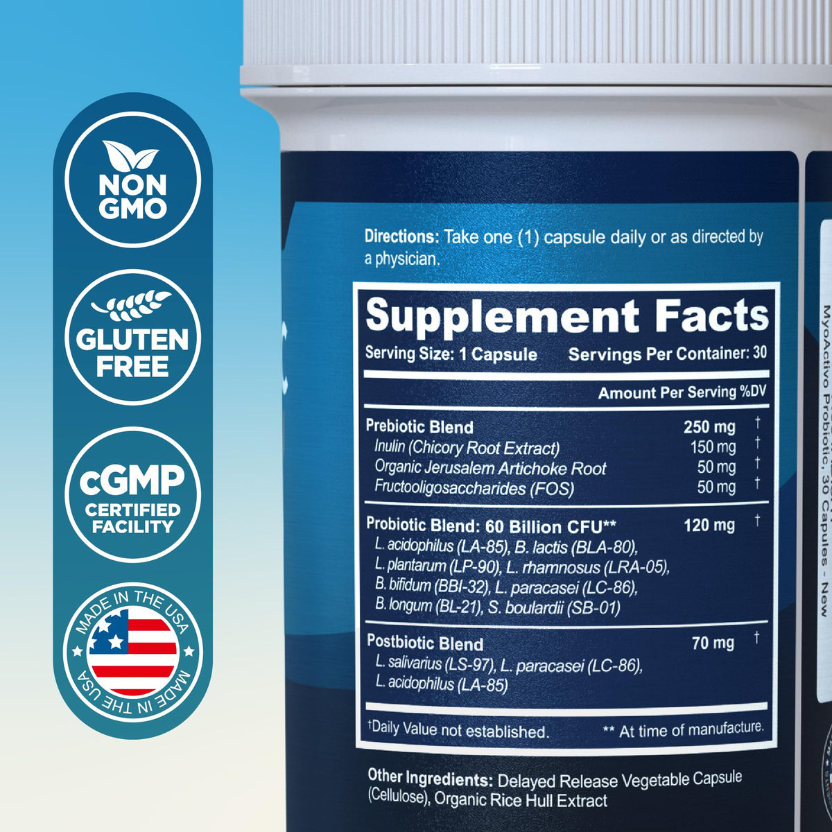 MyoActivo 60 مليار وحدة مستعمرة بروبيوتيك - 8 سلالات، بريبيوتيك، وبوستبيوتيك