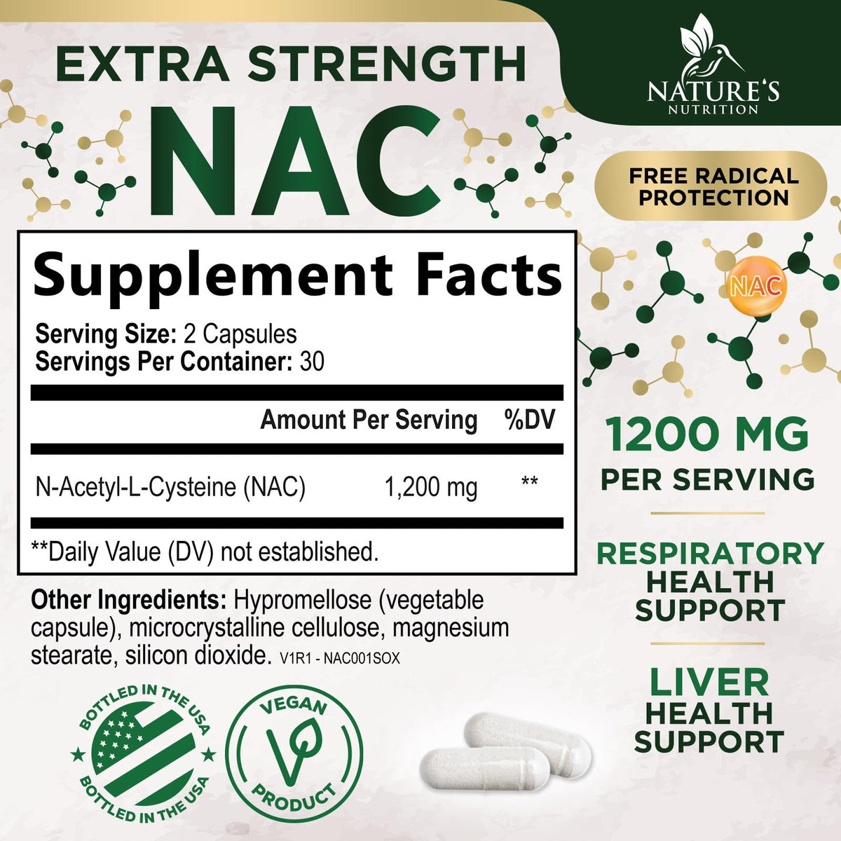 مكملات NAC إن-أسيتيل إل-سيستين (NAC) 1200 ملجم - مكمل NAC لصحة الرئة ودعم المناعة، ودعم الكبد ومضادات الأكسدة، خالٍ من إن-أسيتيل سيستين، خالٍ من الغلوتين، غير معدّل وراثيًا، 60 كبسولة نباتية