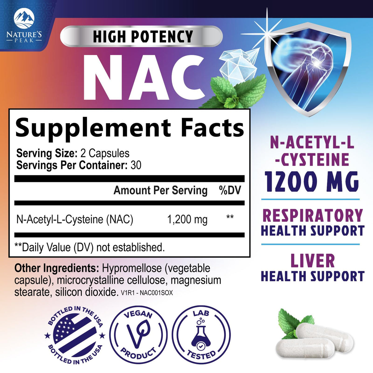 NAC 1200mg Supplement – Immune & Antioxidant Support | Liver & Lung Health – USA Made, 60 Caps