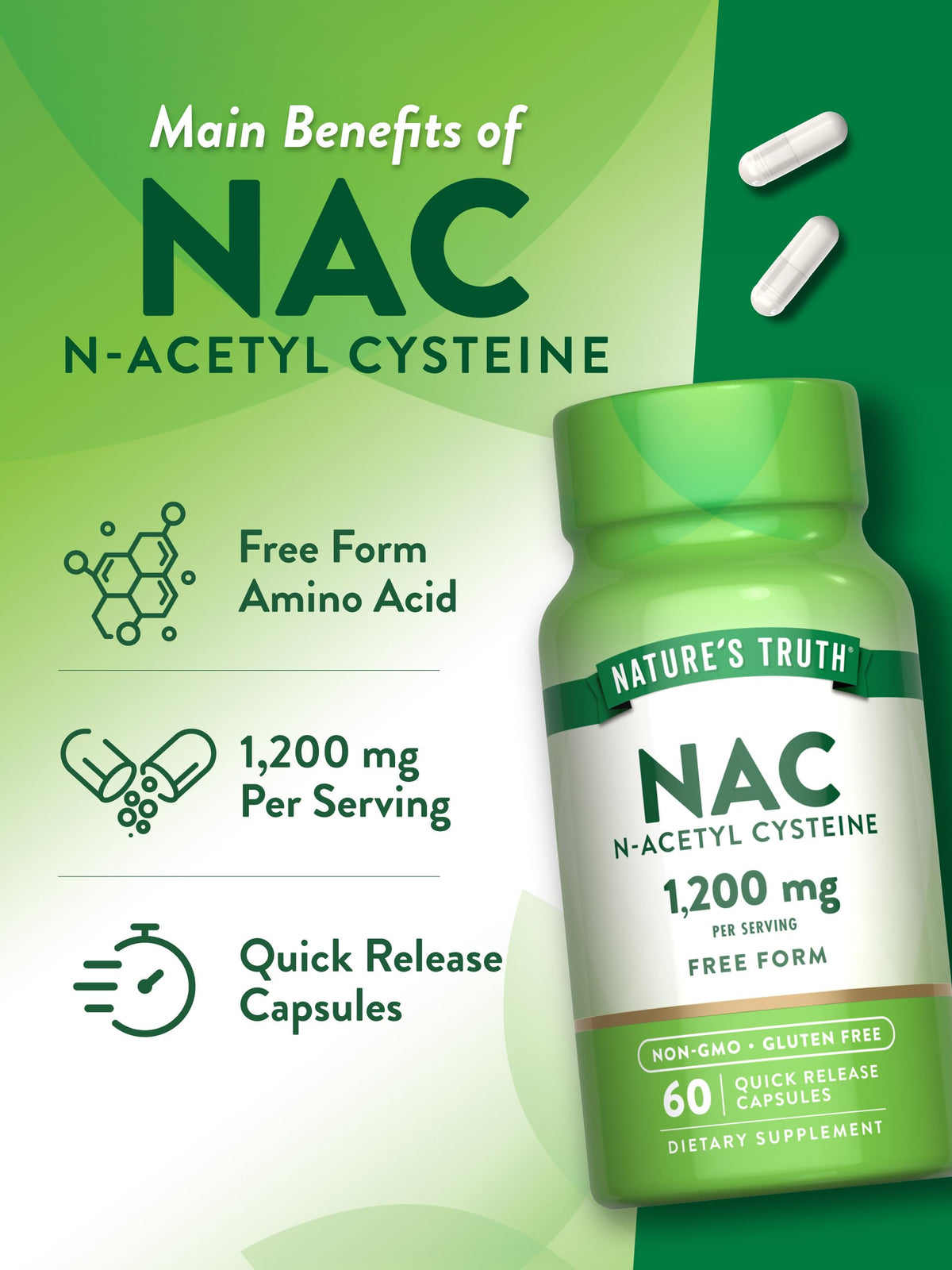 Nature's Truth NAC 1200mg β 60 Capsules | N-Acetyl Cysteine | Non-GMO
