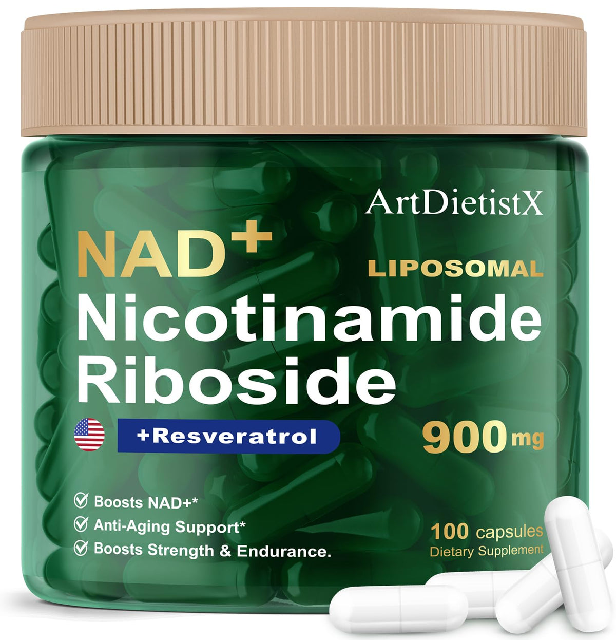 NAD+ NMN 900 ملجم ليبوسومال NR مع ريسفيراترول – 100 كبسولة