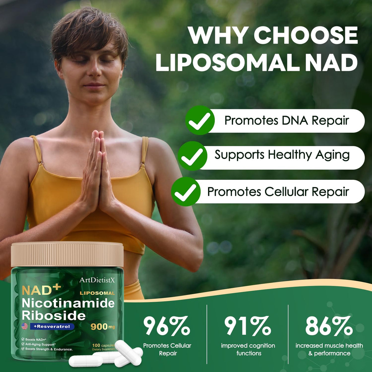 NAD+ NMN 900 ملجم ليبوسومال NR مع ريسفيراترول – 100 كبسولة