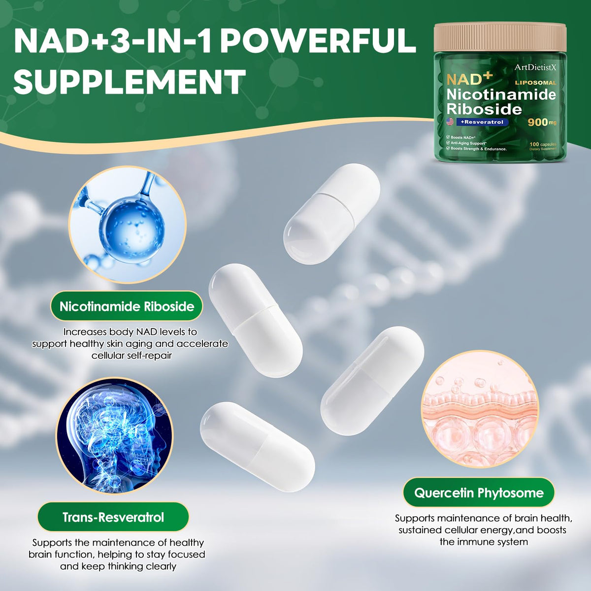 NAD+ NMN 900 ملجم ليبوسومال NR مع ريسفيراترول – 100 كبسولة