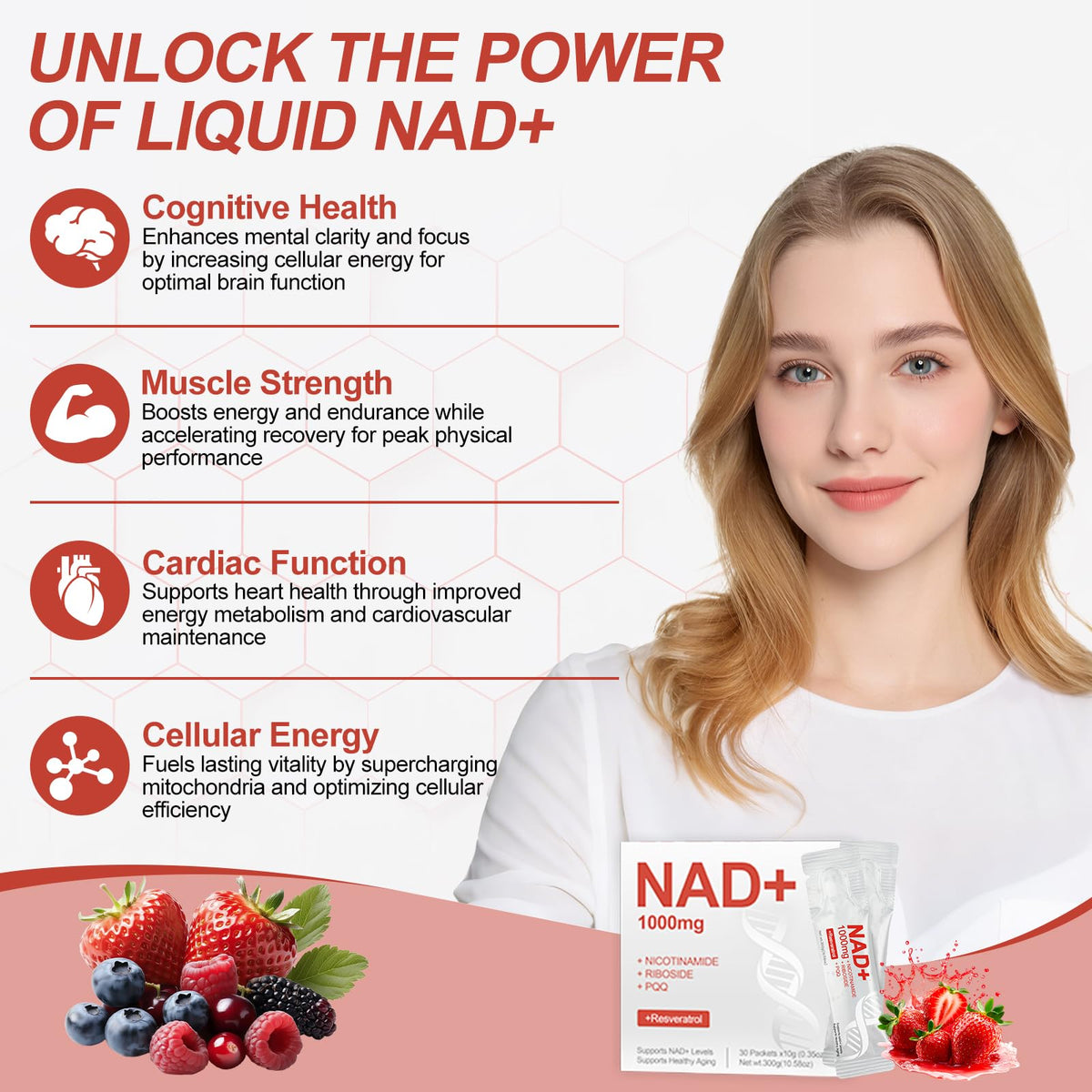 مكمل سائل NAD+ 1000 ملجم – نيكوتيناميد ريبوسيد، ريسفيراترول، بيرولوكينولين كينون | نكهة التوت | 30 عبوة