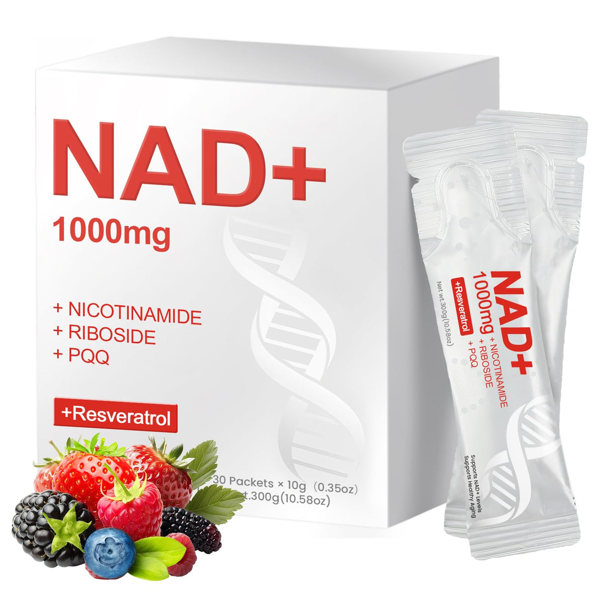 مكمل سائل NAD+ 1000 ملجم – نيكوتيناميد ريبوسيد، ريسفيراترول، بيرولوكينولين كينون | نكهة التوت | 30 عبوة