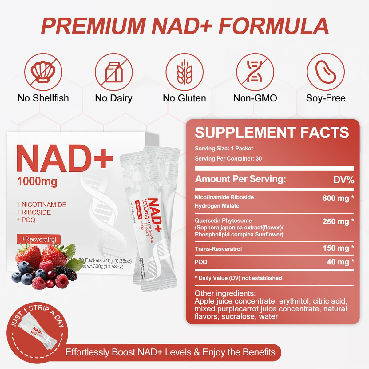 مكمل سائل NAD+ 1000 ملجم – نيكوتيناميد ريبوسيد، ريسفيراترول، بيرولوكينولين كينون | نكهة التوت | 30 عبوة