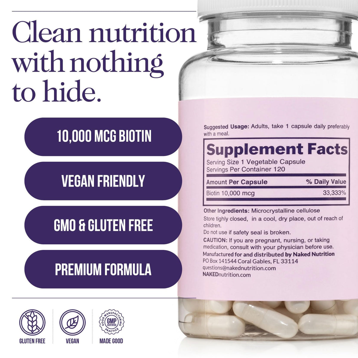 Naked Biotin 10,000mcg - فيتامين B7 بأقصى قوة للشعر والبشرة والأظافر | غير معدّل وراثيًا، خالٍ من الغلوتين، نباتي