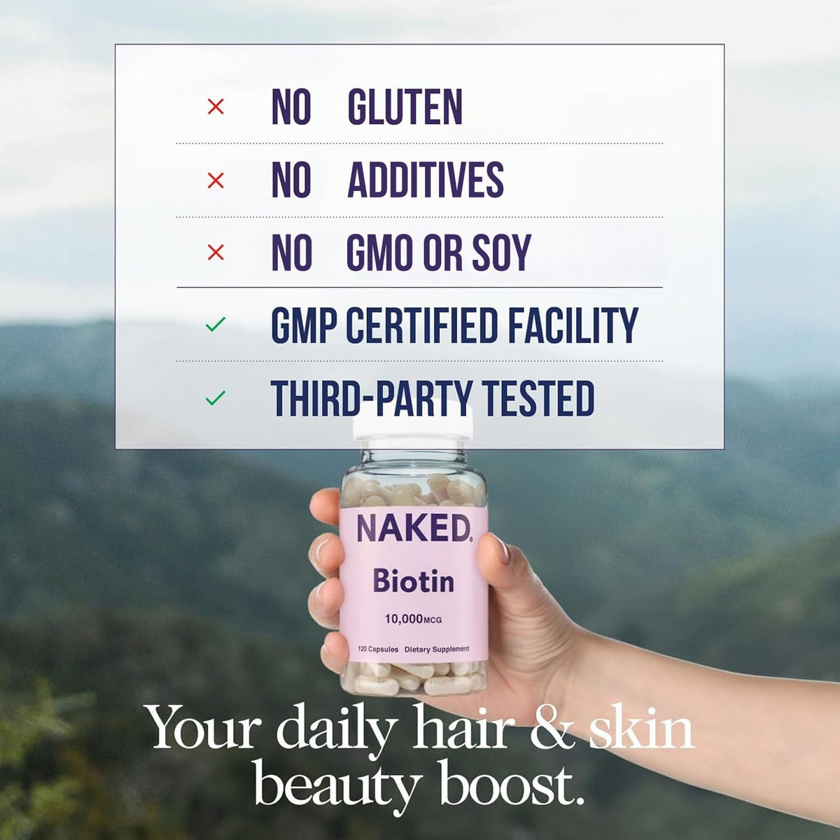 Naked Biotin 10,000mcg - فيتامين B7 بأقصى قوة للشعر والبشرة والأظافر | غير معدّل وراثيًا، خالٍ من الغلوتين، نباتي