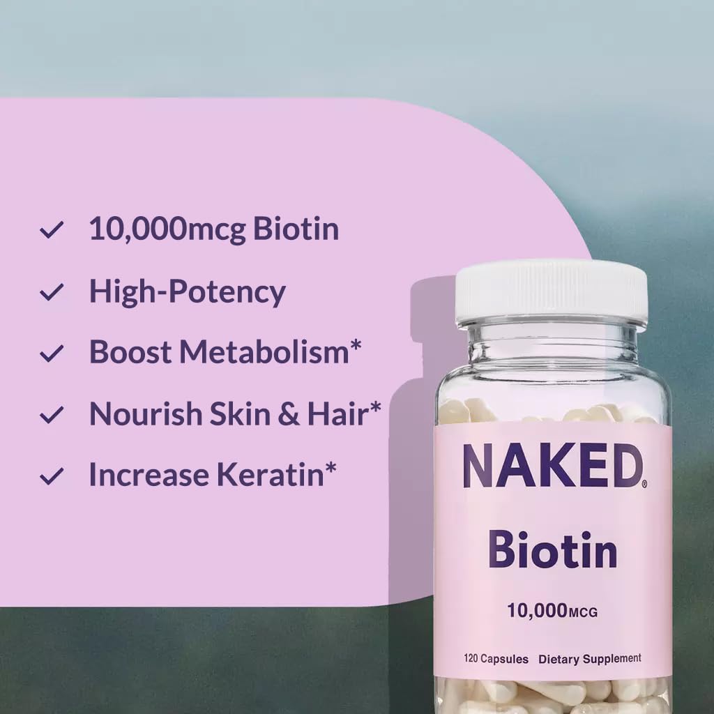 Naked Biotin 10,000mcg - فيتامين B7 بأقصى قوة للشعر والبشرة والأظافر | غير معدّل وراثيًا، خالٍ من الغلوتين، نباتي