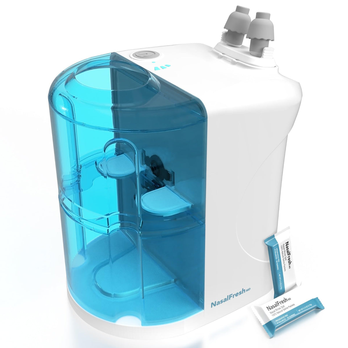 NASALFRESH MD Dual Powered Nasal Irrigation System β Rechargeable, 30 Saline Packets, 2 Nose Pillow Sets