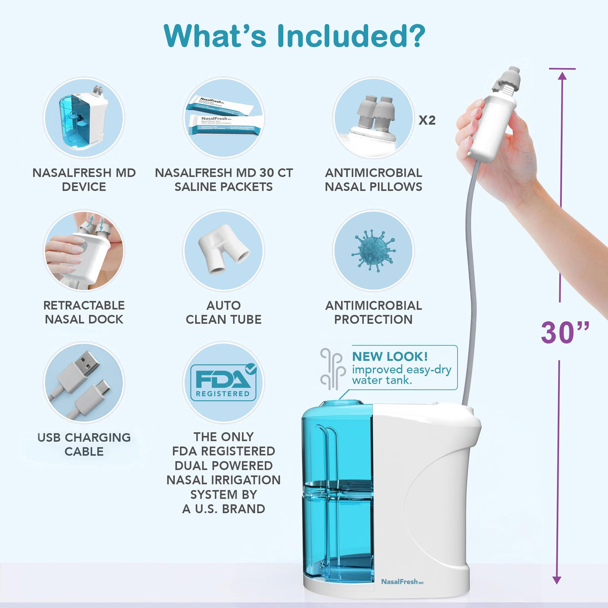 NASALFRESH MD Dual Powered Nasal Irrigation System β Rechargeable, 30 Saline Packets, 2 Nose Pillow Sets