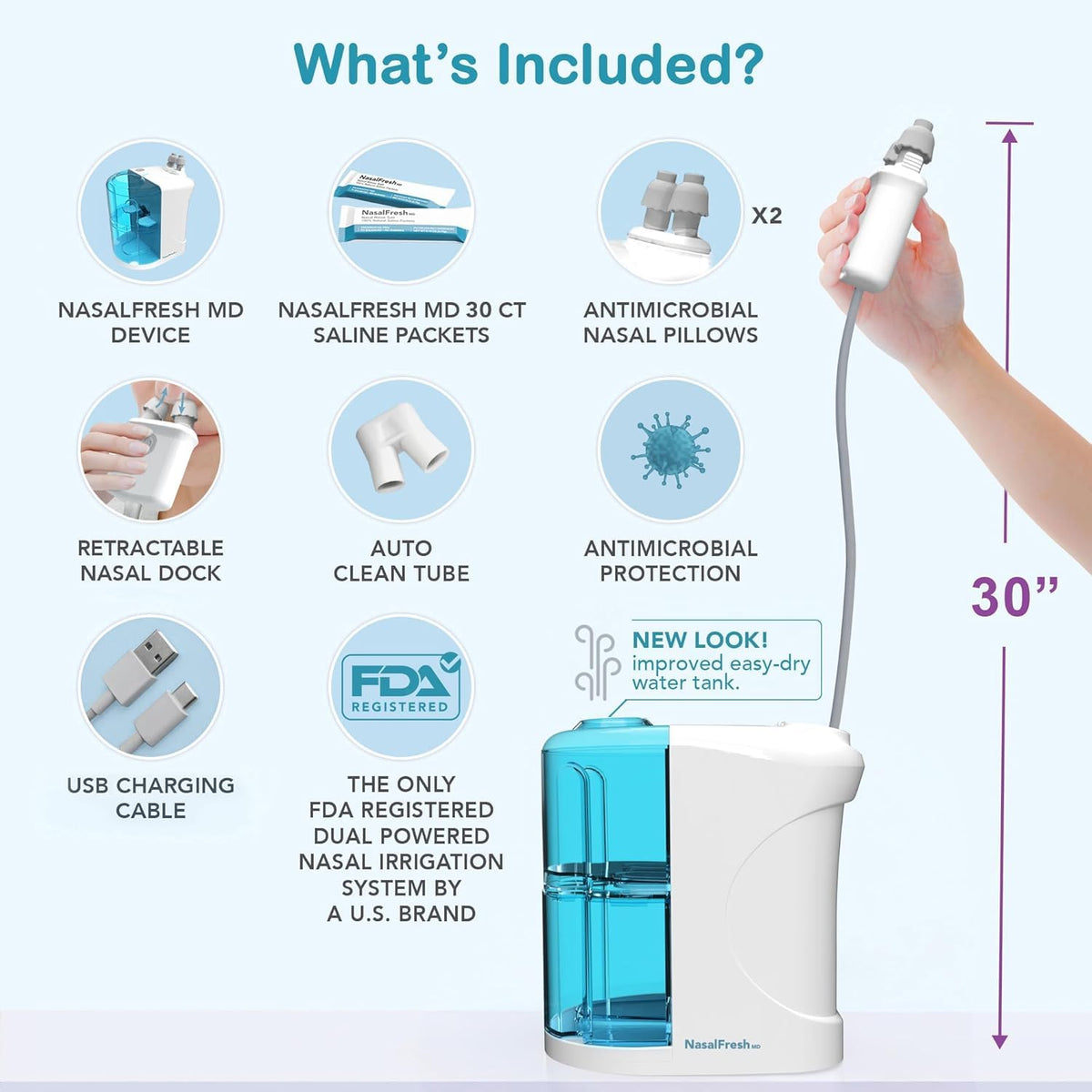 NASALFRESH MD Dual Powered Nasal Irrigation System β Rechargeable, 30 Saline Packets, 2 Nose Pillow Sets