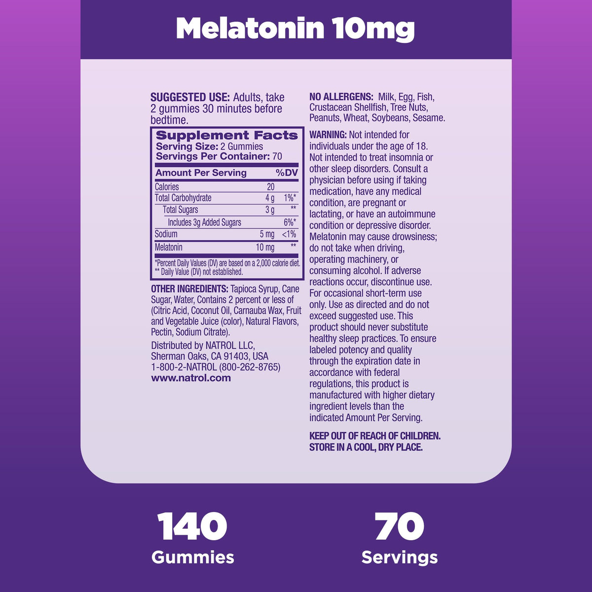 Natrol Melatonina Gommosa 10 mg – Supporto per il sonno per adulti, 140 gommose al gusto di fragola, scorta per 70 giorni