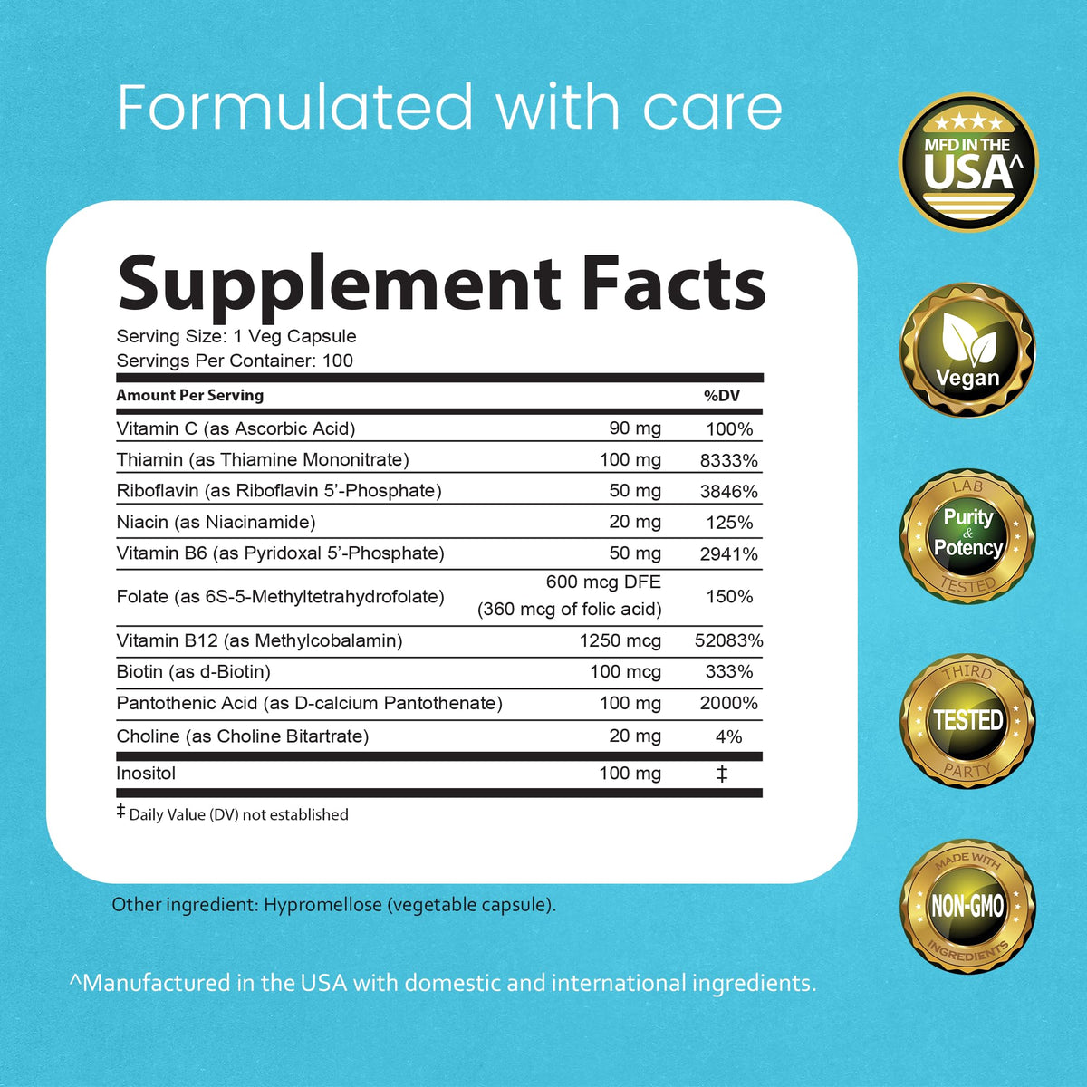 NaturaLife Labs Vitamin B-Complex with Vitamin C & Folic Acid | 100 Capsules