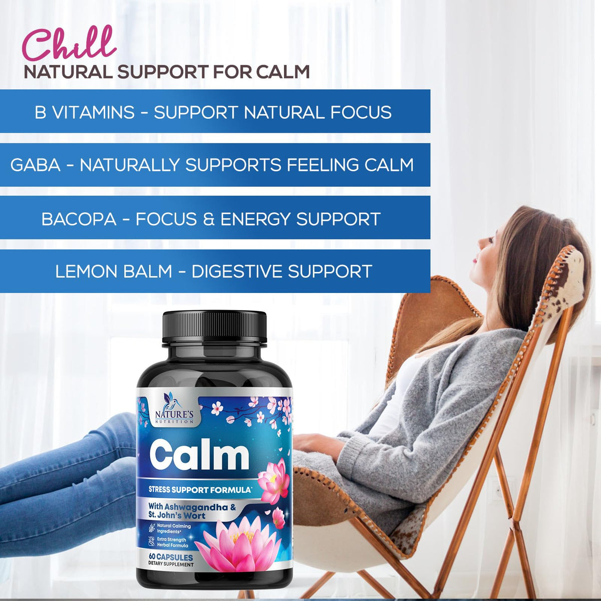 Natural Calm: Ashwagandha, GABA & Magnesium β Unwind, Focus & Immune Support (120 Capsules) | Vegan, Non-GMO, Gluten Free, Made in USA