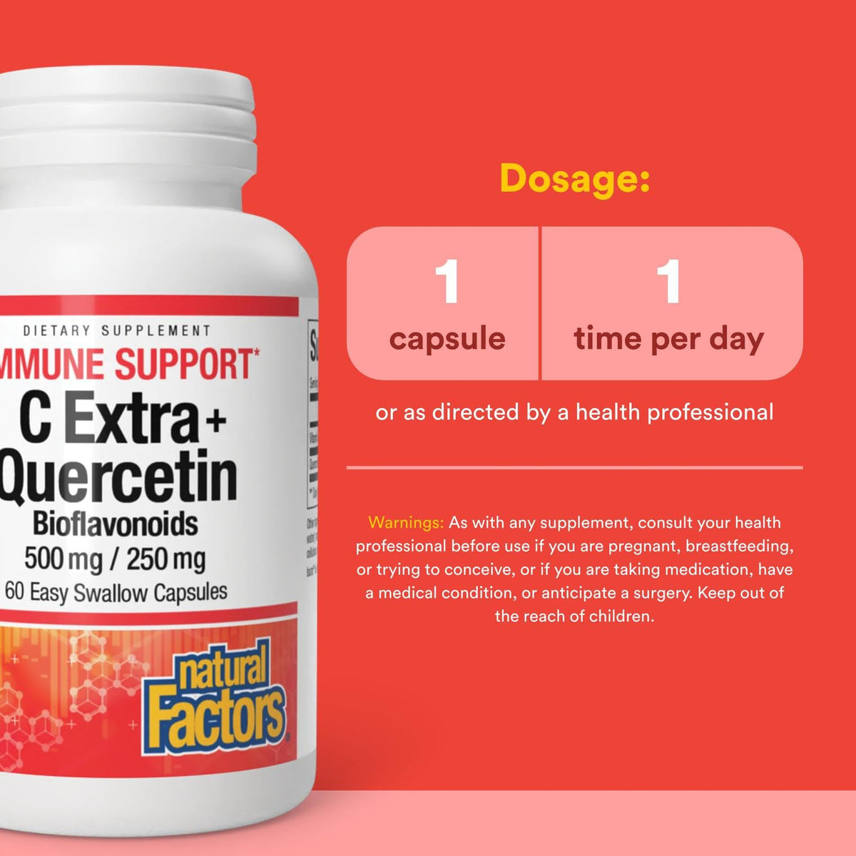 Natural Factors C Extra + Quercetin – 60 كبسولة سهلة البلع | فيتامين سي 500 ملجم وكيرسيتين 250 ملجم | غير معدّل وراثيًا، نباتي