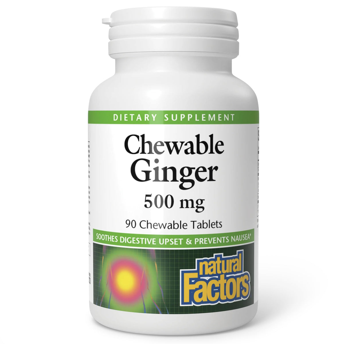 Natural Factors زنجبيل قابل للمضغ 500 ملغ، 90 قرص | دعم الجهاز الهضمي