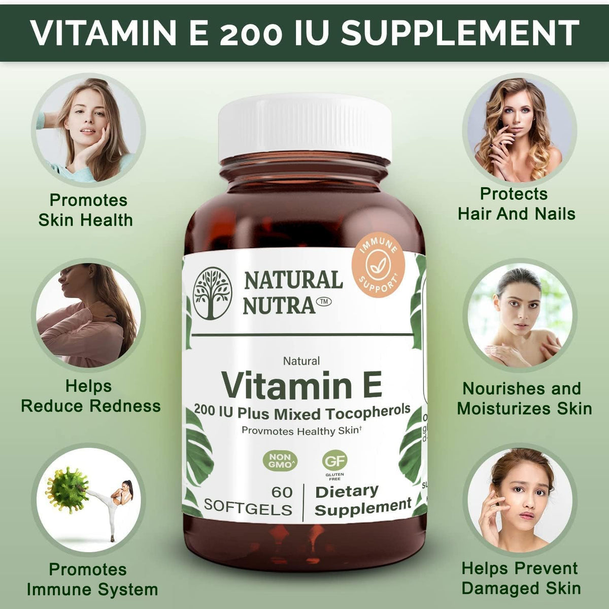 Natural Nutra فيتامين هـ 200 وحدة دولية كبسولات هلامية - صحة البشرة والشعر والأظافر والقلب
