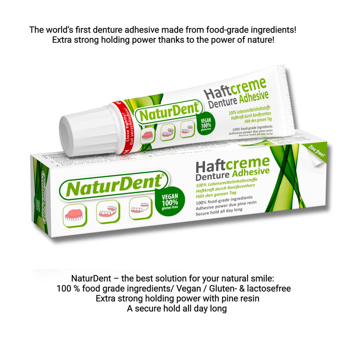 NaturDent Denture Adhesive β Natural, Zinc-Free, Paraben-Free, Strong Hold
