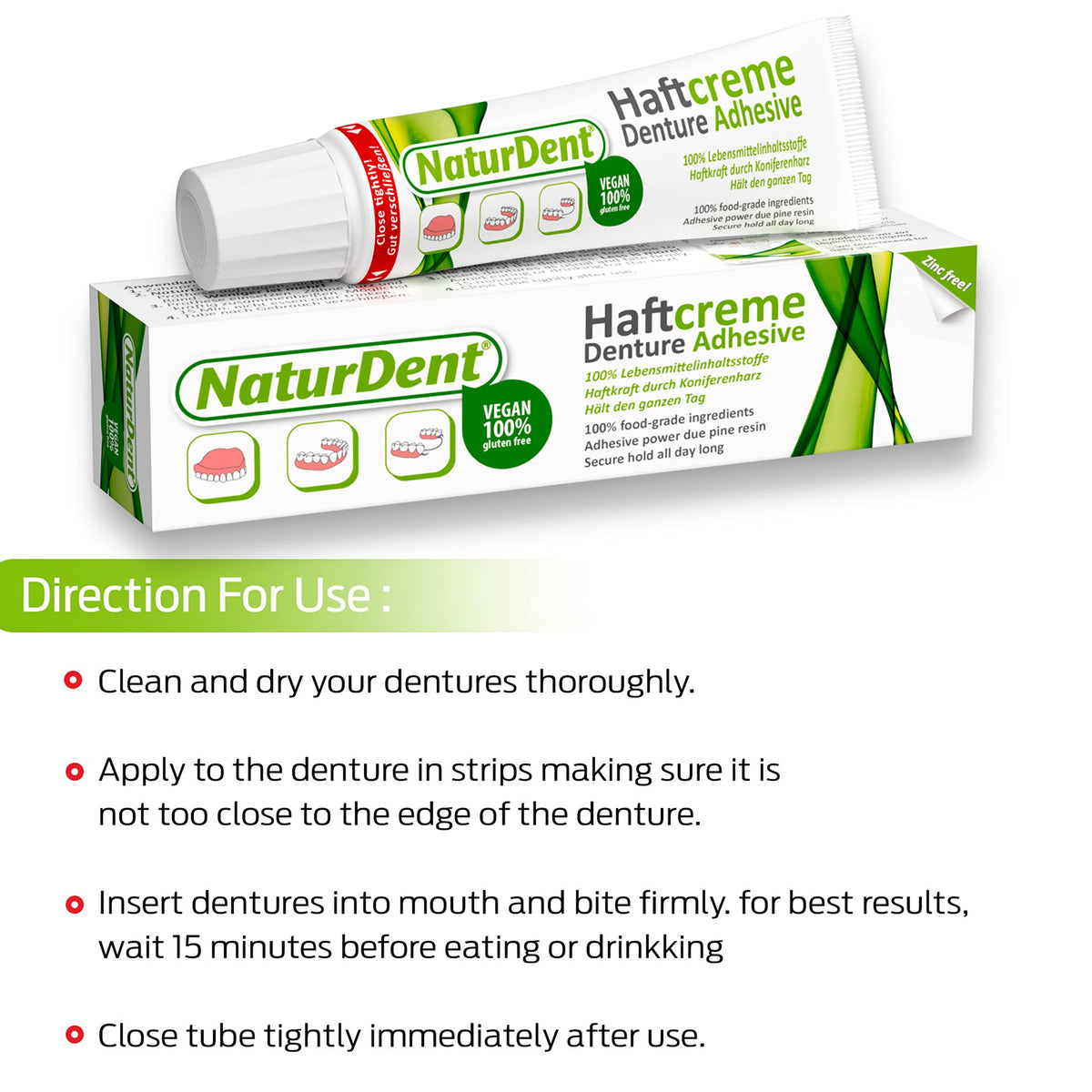 NaturDent Denture Adhesive β Natural, Zinc-Free, Paraben-Free, Strong Hold
