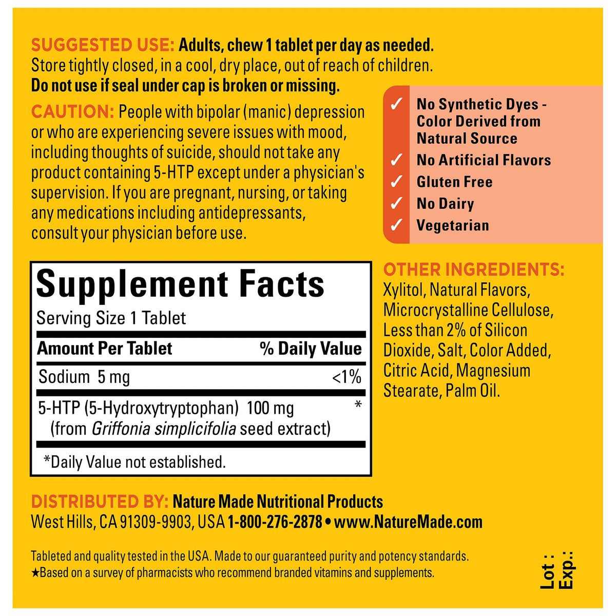 Nature Made 5HTP 100 ملجم قابل للمضغ - دعم المزاج، تكفي لمدة 30 يومًا