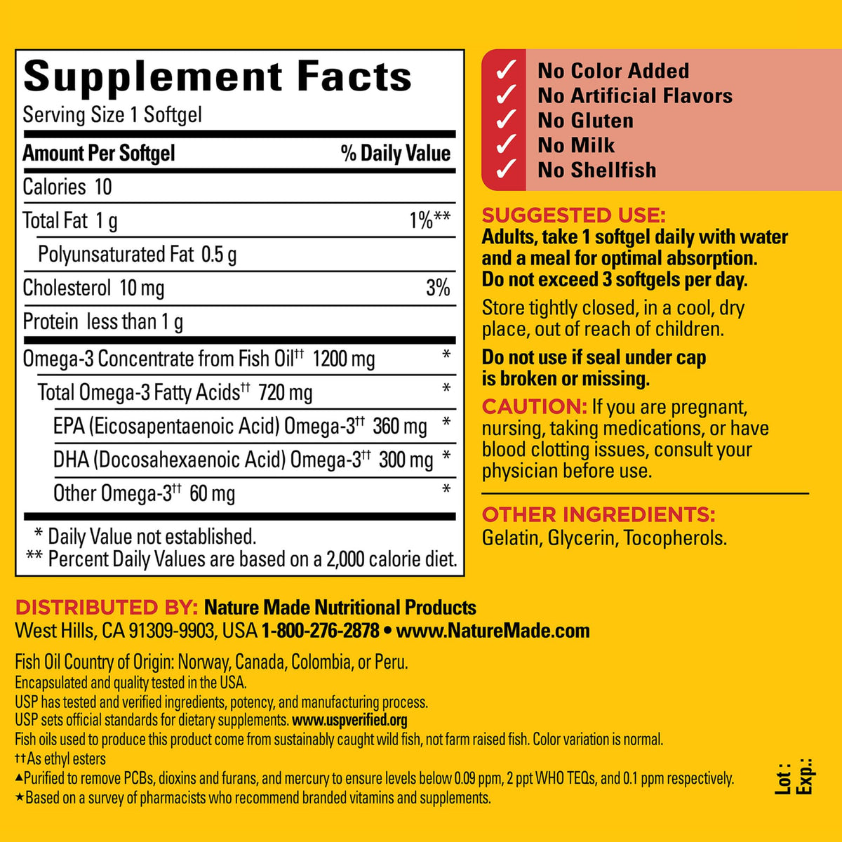 Nature Made Omega-3 زيت السمك 1200 ملجم كبسولات هلامية - حمض إيكوزا بنتانويك/حمض دوكوزاهيكسنويك للقلب والدماغ والعينين
