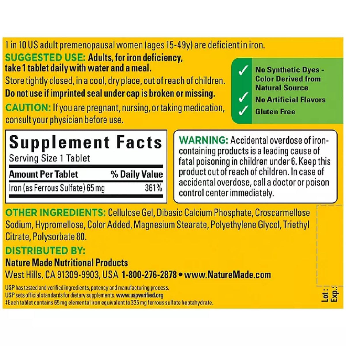 Nature Made Iron 65 mg (كبريتات الحديدوز) أقراص – 365 قرصًا | دعم خلايا الدم الحمراء