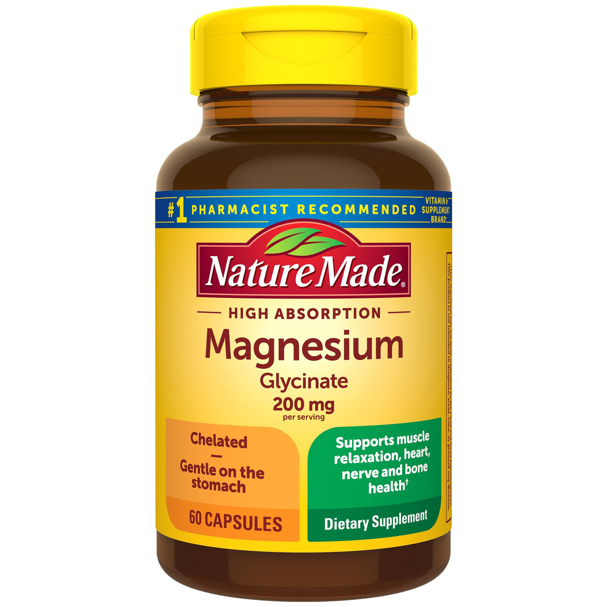 Nature Made Magnesium Glycinate 200 mg – 60 كبسولة | يدعم صحة العضلات والقلب والأعصاب والعظام