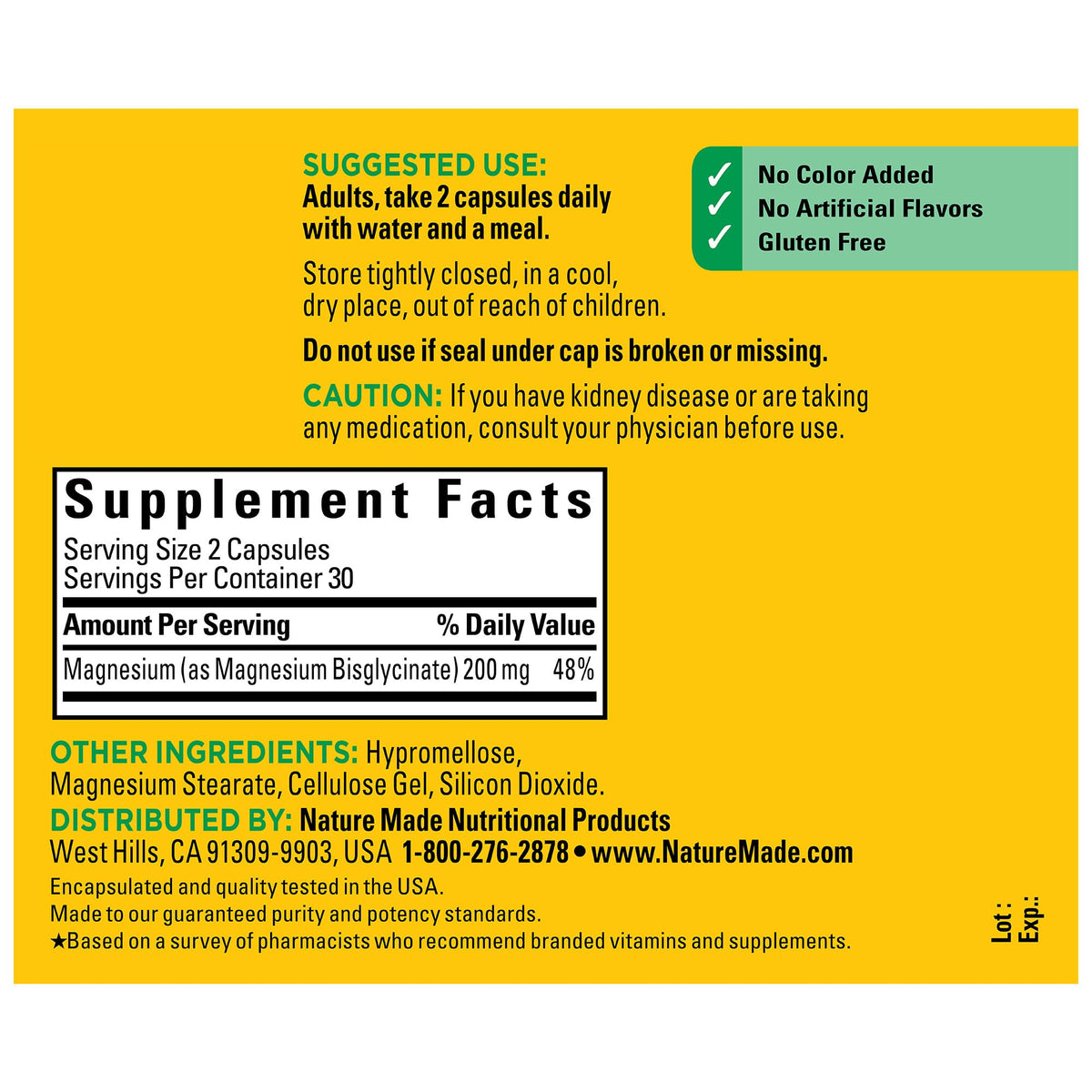 Nature Made Magnesium Glycinate 200 mg – 60 كبسولة | يدعم صحة العضلات والقلب والأعصاب والعظام