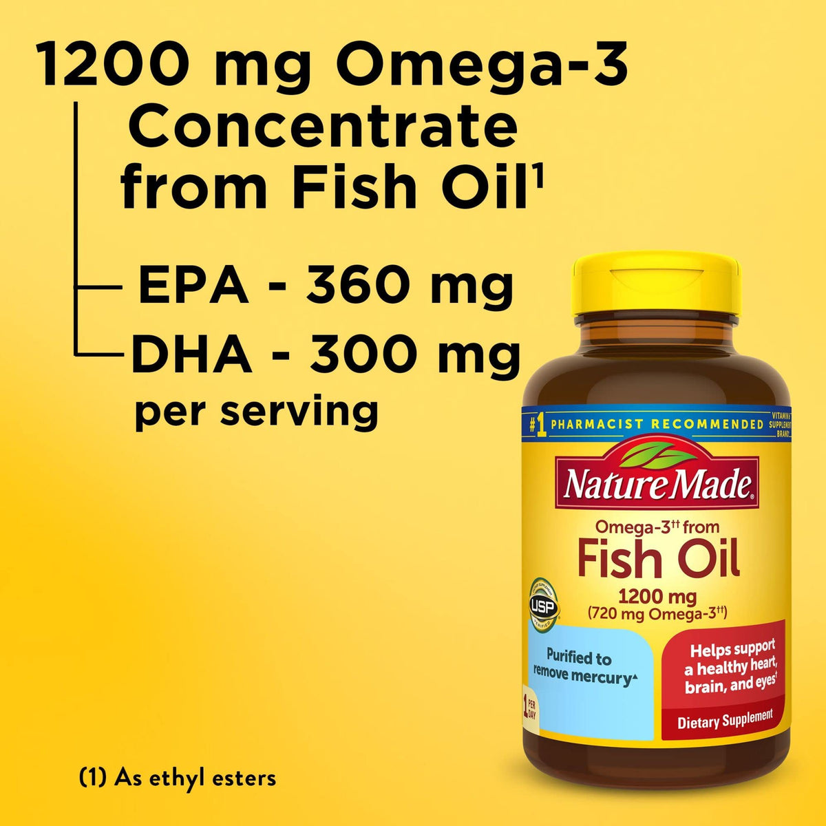 Nature Made Omega-3 زيت السمك 1200 ملجم كبسولات هلامية - حمض إيكوزا بنتانويك/حمض دوكوزاهيكسنويك للقلب والدماغ والعينين
