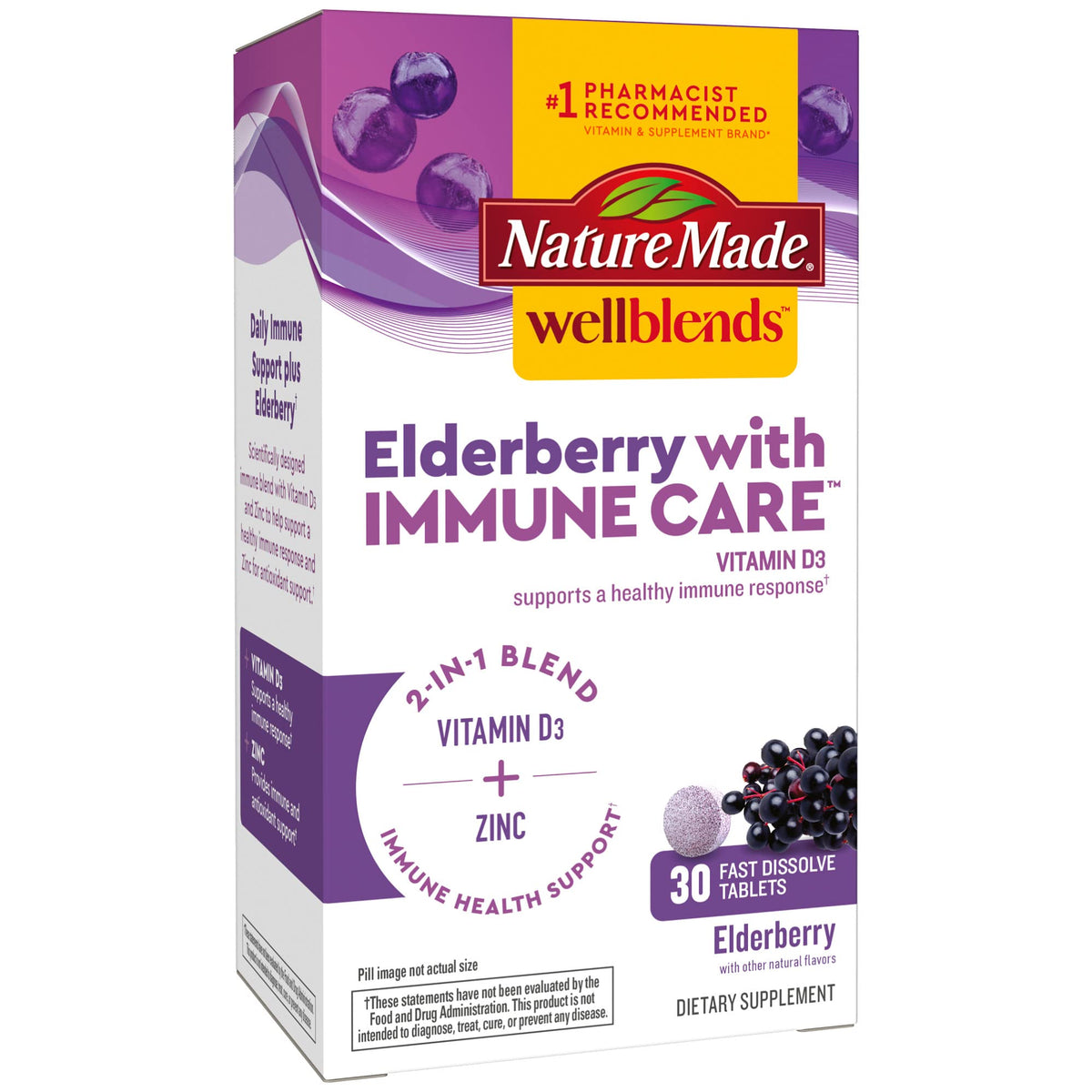 Nature Made Wellblends Elderberry with ImmuneCare - فيتامين د3 1500 وحدة دولية وزنك، 30 قرصًا