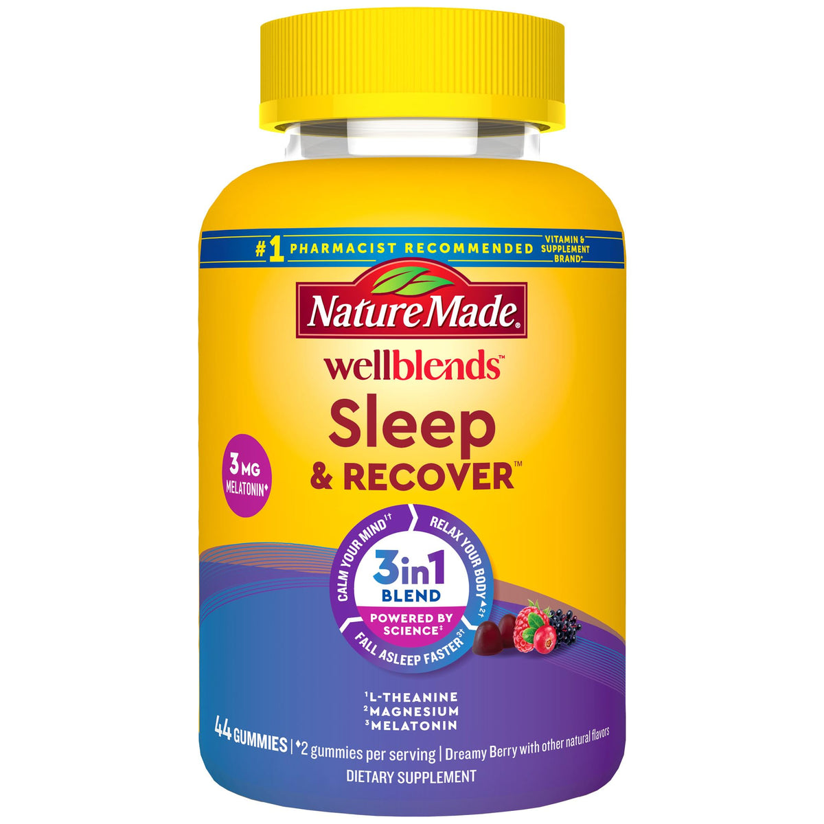 Nature Made Wellblends Sleep & Recover Gummies – ميلاتونين 3 ملجم، إل-ثيانين 200 ملجم، مغنيسيوم 100 ملجم (44 قطعة)