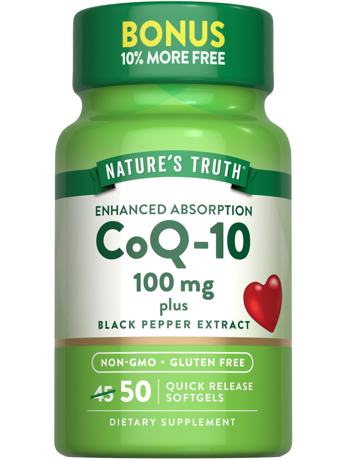 Nature's Truth CoQ10 100mg كبسولات هلامية مع الفلفل الأسود – غير معدل وراثيًا وخالٍ من الغلوتين