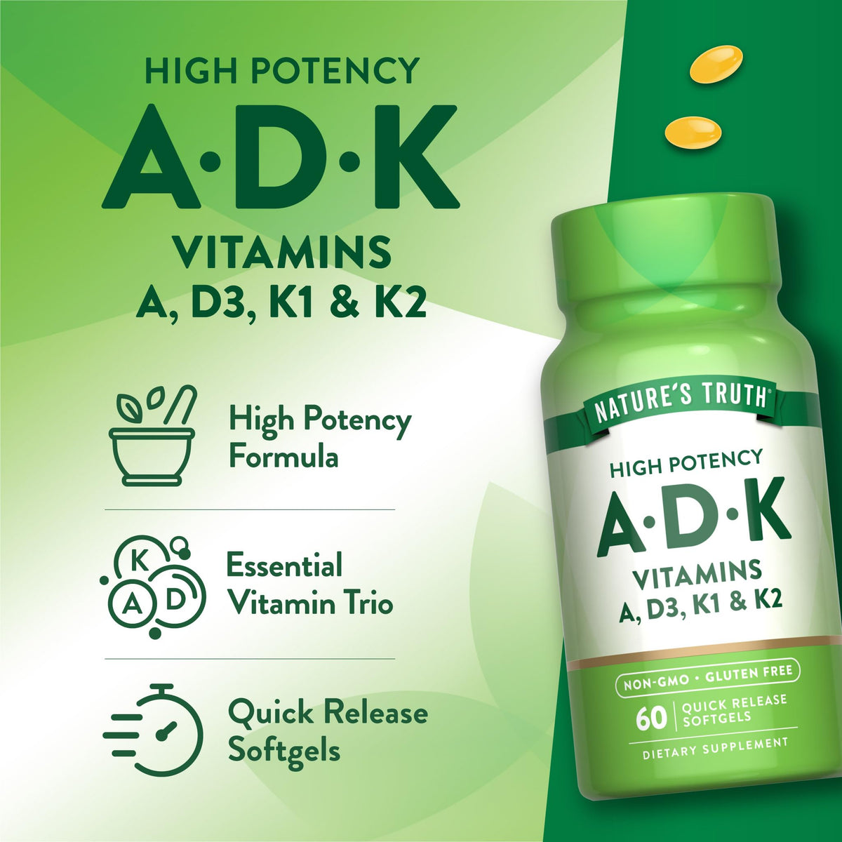 كبسولات جل فيتامين ADK من نيتشرز تروث – 60 كبسولة | بتركيبة عالية الفعالية A و D3 و K1/K2، غير معدل وراثيًا