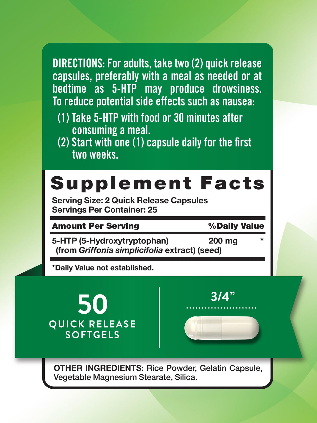 كبسولات Nature's Truth 5HTP 200 ملجم | 50 كبسولة | 5-هيدروكسيتريبتوفان | غير معدل وراثيًا وخالٍ من الغلوتين