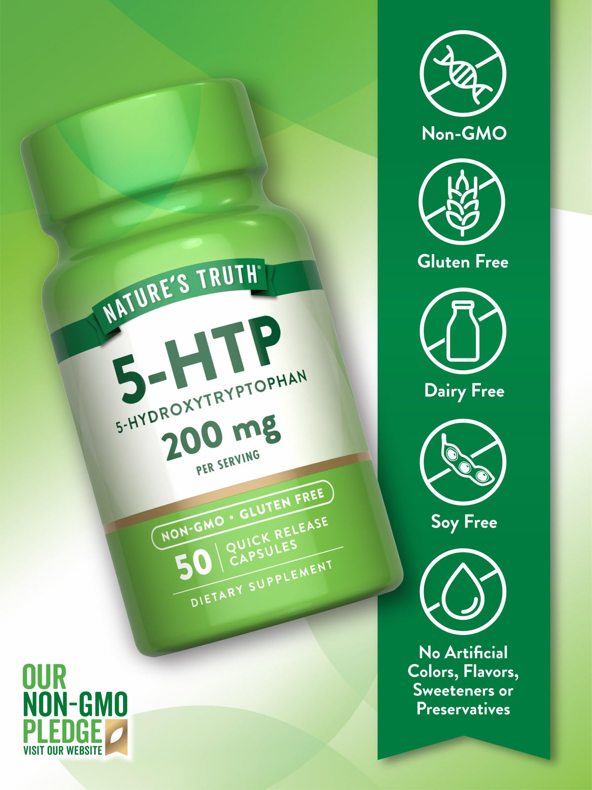 كبسولات Nature's Truth 5HTP 200 ملجم | 50 كبسولة | 5-هيدروكسيتريبتوفان | غير معدل وراثيًا وخالٍ من الغلوتين