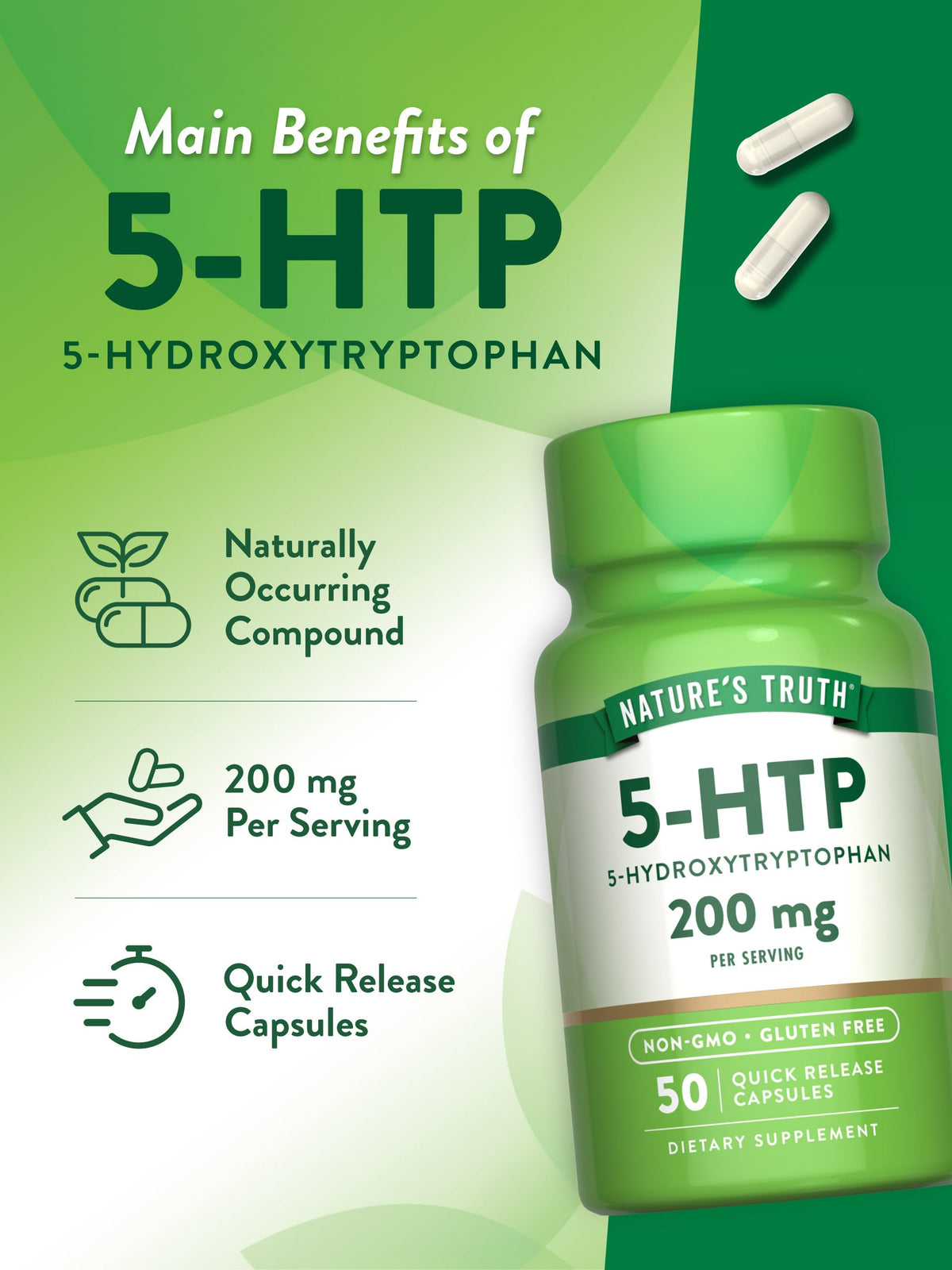 كبسولات Nature's Truth 5HTP 200 ملجم | 50 كبسولة | 5-هيدروكسيتريبتوفان | غير معدل وراثيًا وخالٍ من الغلوتين