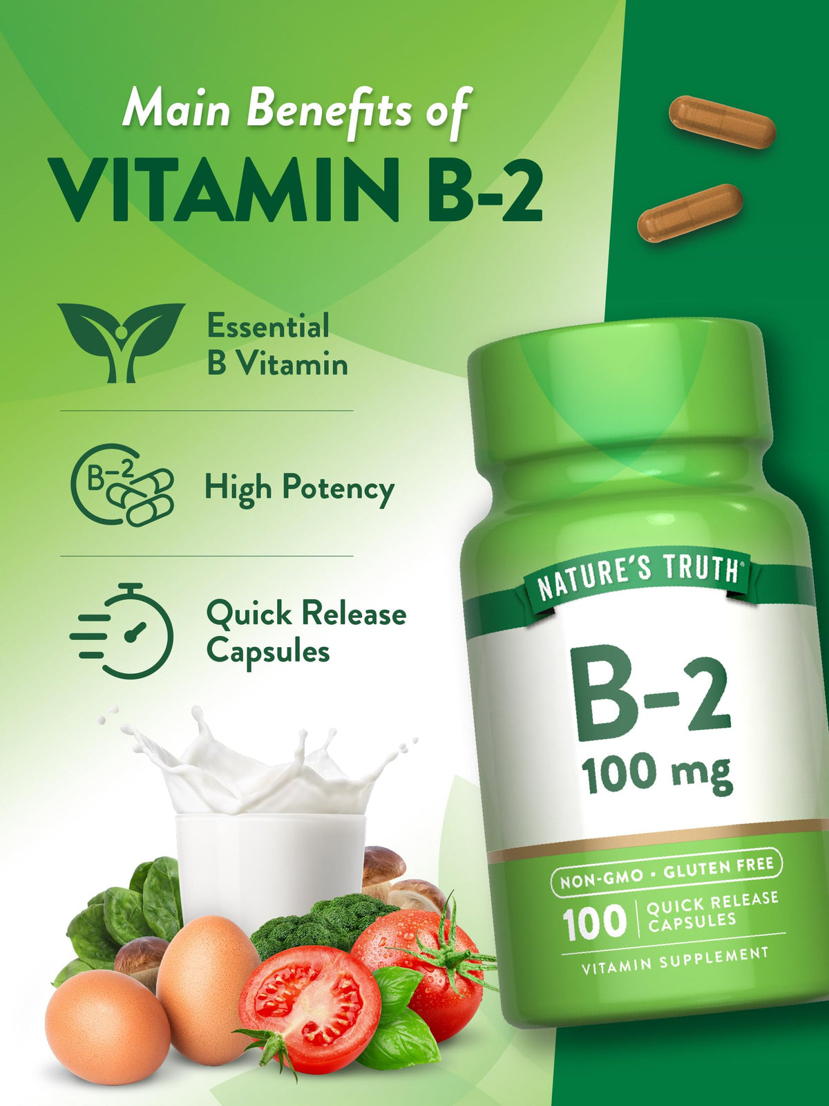 فيتامين بي 2 من نيتشرز تروث 100 ملغ – 100 كبسولة | ريبوفلافين غير معدل وراثيًا وخالٍ من الجلوتين