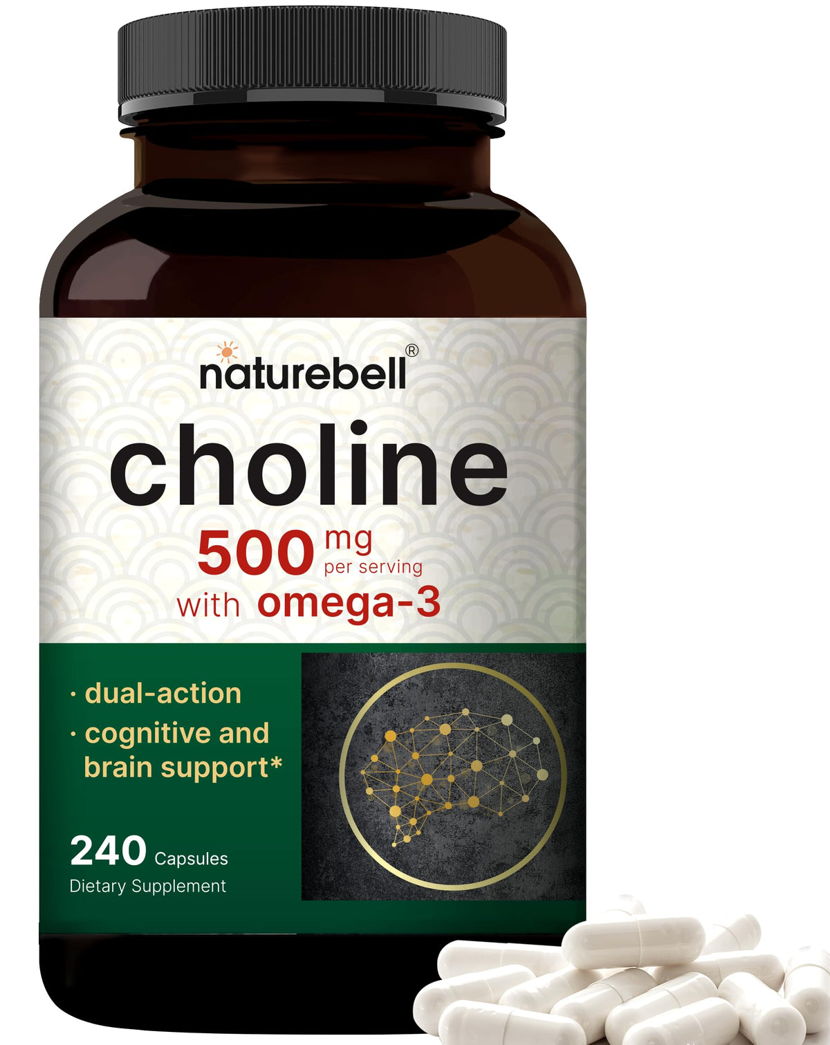 NatureBell كولين 500 ملغ + أوميغا 3 - 240 كبسولة | دعم ما قبل الولادة وصحة الدماغ