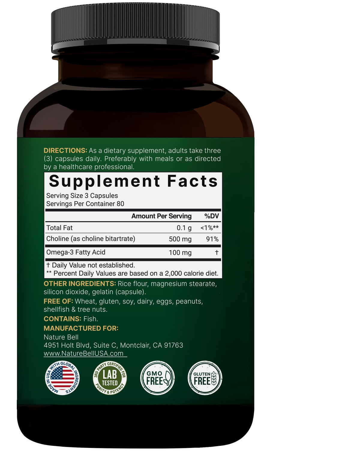 NatureBell كولين 500 ملغ + أوميغا 3 - 240 كبسولة | دعم ما قبل الولادة وصحة الدماغ