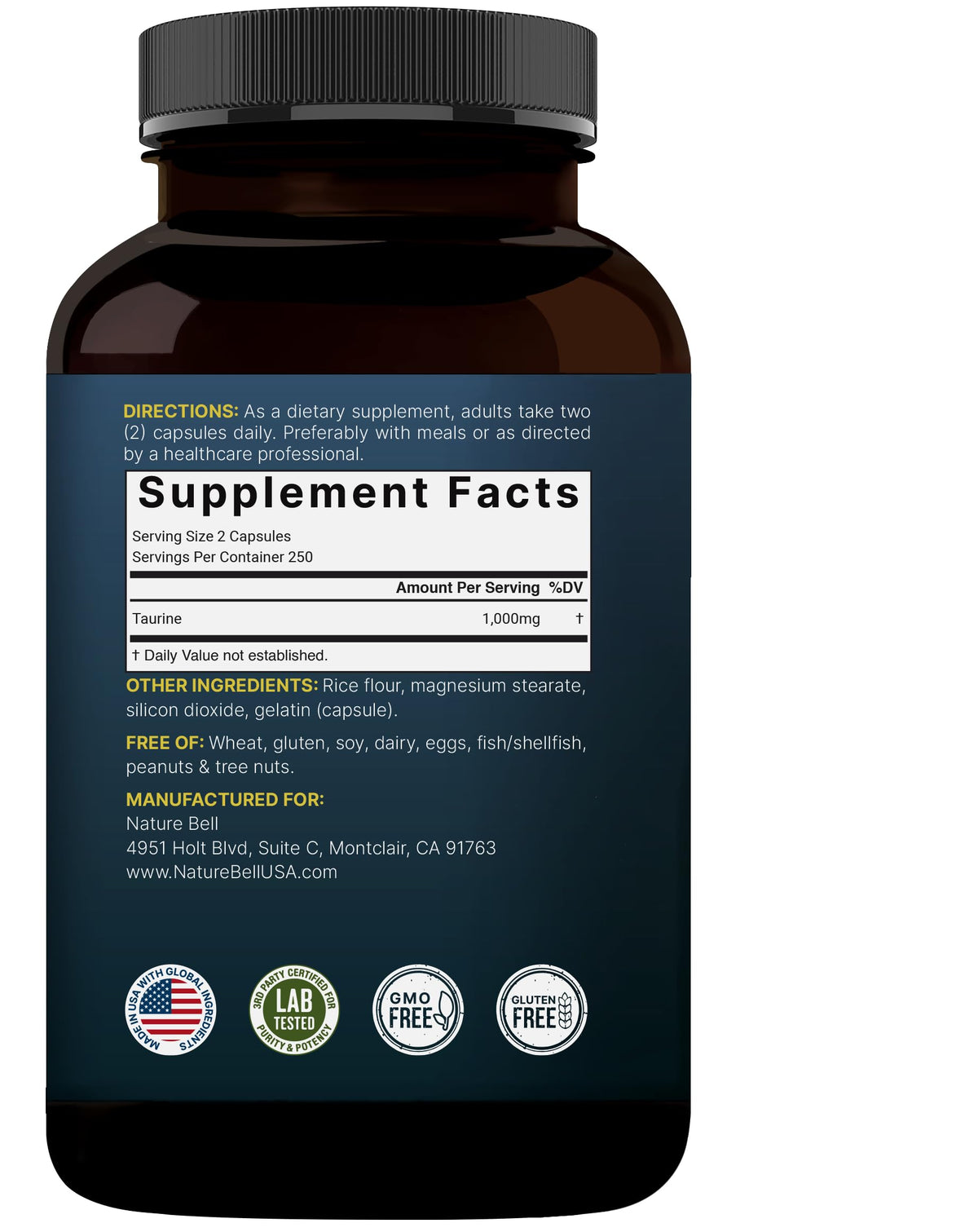 NatureBell Taurine 1,000mg – 500 كبسولة | مكمل تورين مزدوج القوة – غير معدّل وراثيًا وخالٍ من الغلوتين