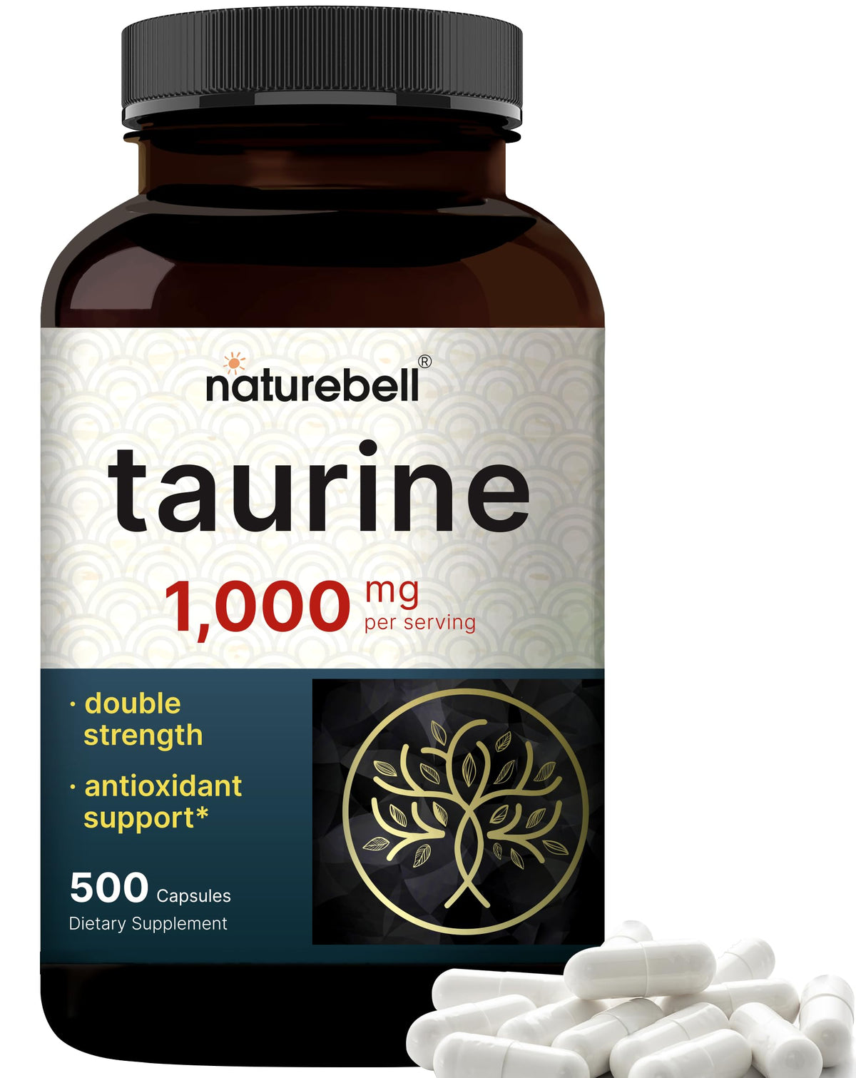 NatureBell Taurine 1,000mg – 500 كبسولة | مكمل تورين مزدوج القوة – غير معدّل وراثيًا وخالٍ من الغلوتين