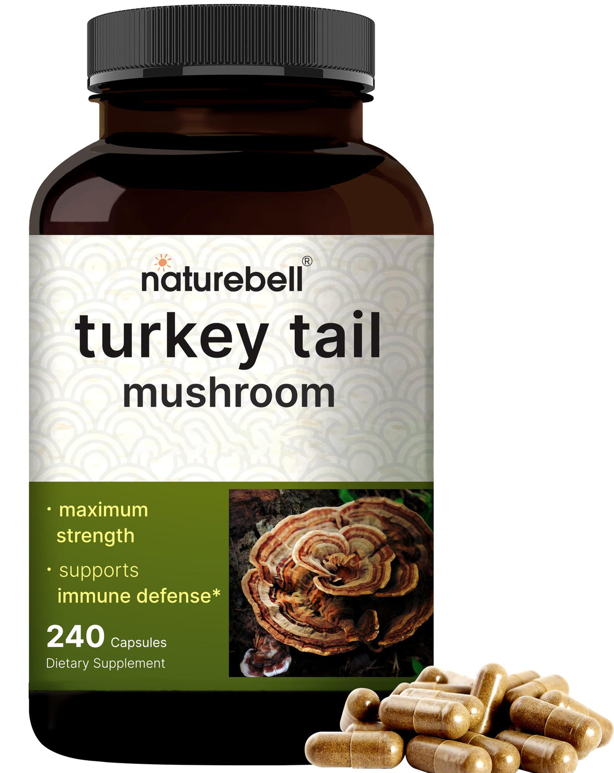 كبسولات فطر ذيل الديك الرومي من NatureBell - 15,000 ملجم لكل جرعة | 240 كبسولة | مستخلص بتركيز 25:1 لدعم المناعة وصحة الدماغ